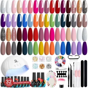 56-Piece Gel Nail Polish Set with UV Lamp - 32 Colors, Matte/Glossy Coats & Nail Art Tools