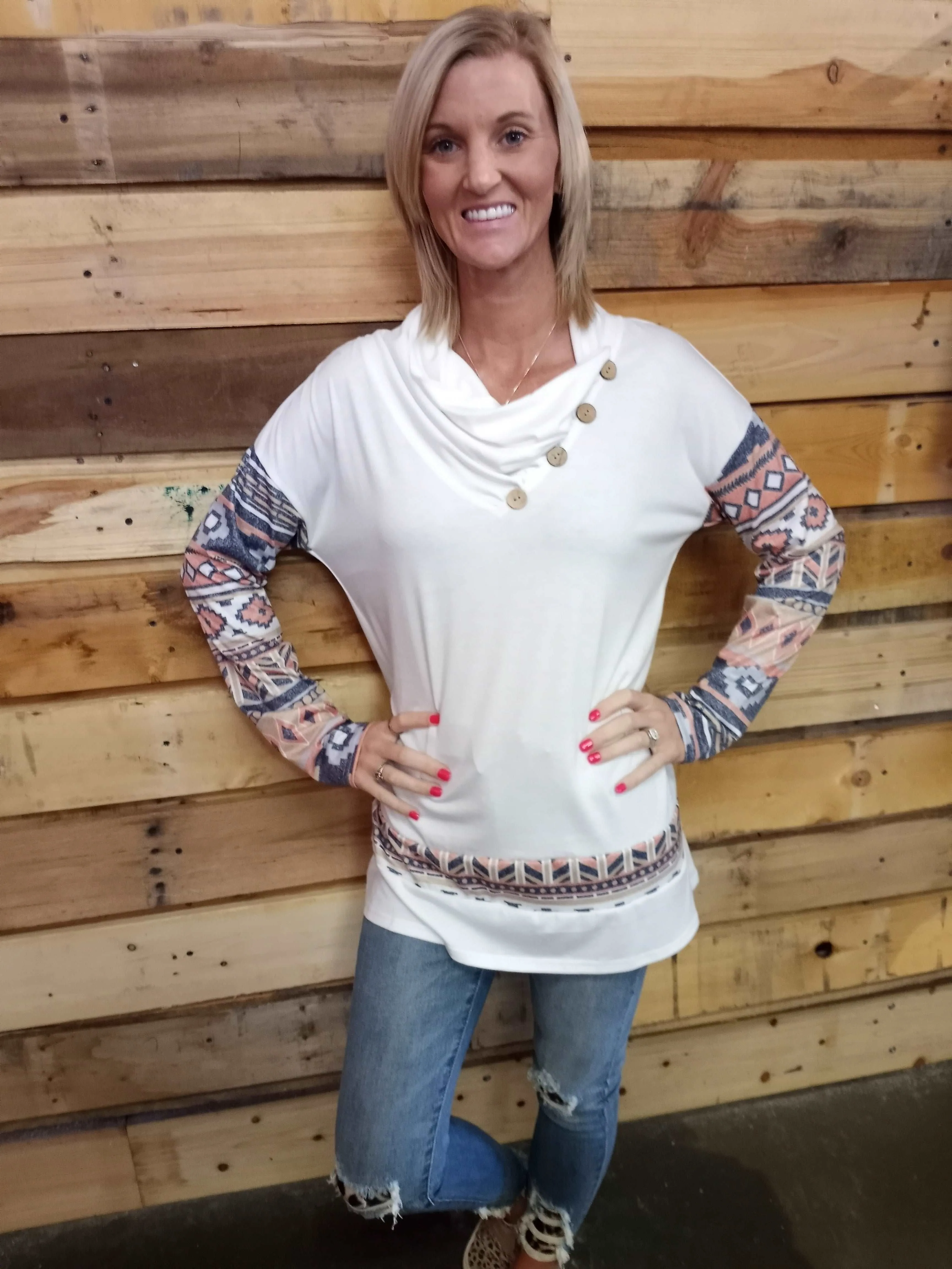 Aztec Long Sleeve Buttoned Collar Top