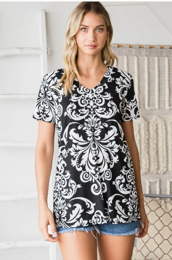 Black/Ivory Damask Print V-Neck Top - #6737-6742