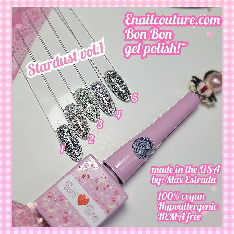 Bon Bon Stardust vol.1 (Chrome Platinum Glitter Gel Nail Polish Colors Including Sparkly Shiny Silver Pink Gel Polish Kit UV LED Soak Off Shellac Nail Polish Home DIY Manicure Nail Salon Varnish)