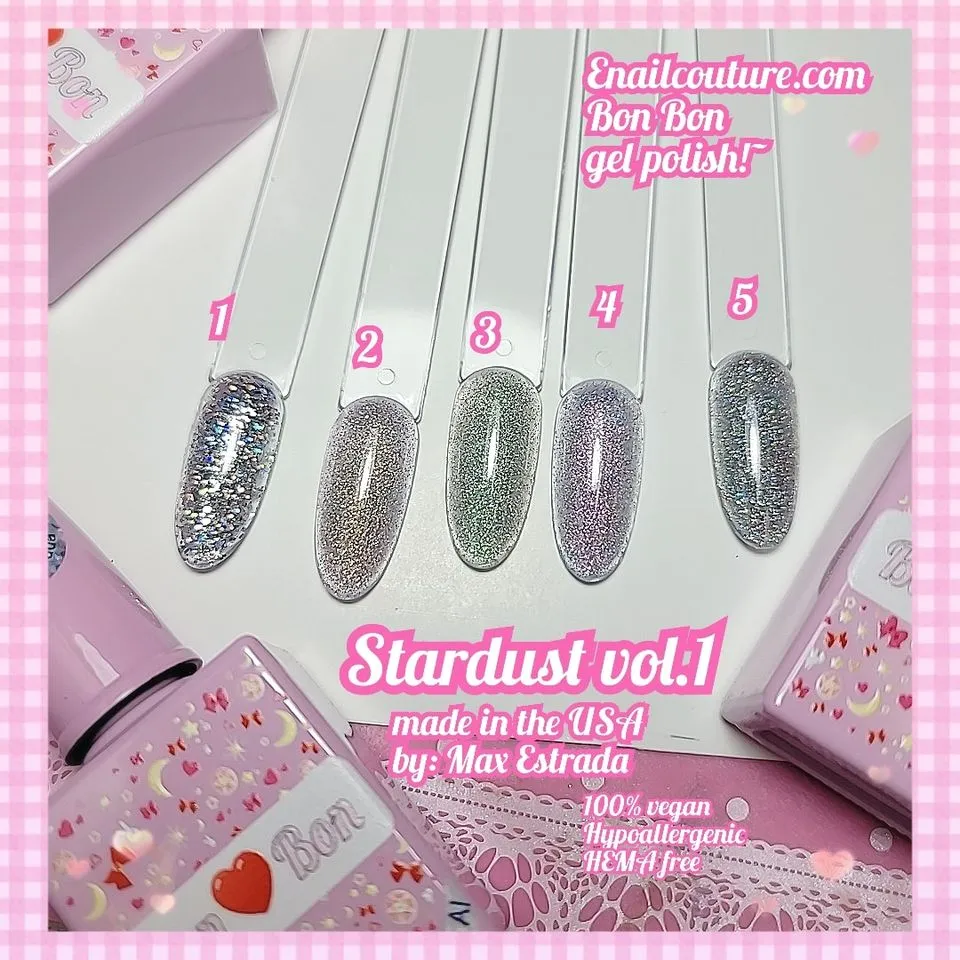 Bon Bon Stardust vol.1 (Chrome Platinum Glitter Gel Nail Polish Colors Including Sparkly Shiny Silver Pink Gel Polish Kit UV LED Soak Off Shellac Nail Polish Home DIY Manicure Nail Salon Varnish)