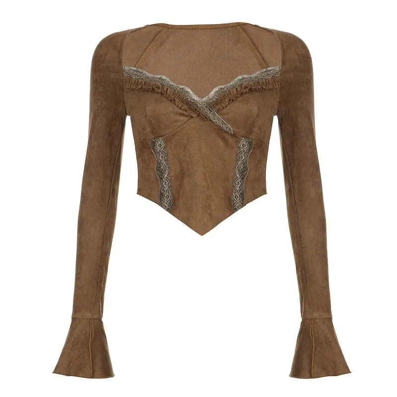 Brown Fairycore French Chic Sexy Party Tee Shirt Slim Lace Spliced Vintage Y2K Top Flare Sleeve Autumn T-shirt Women