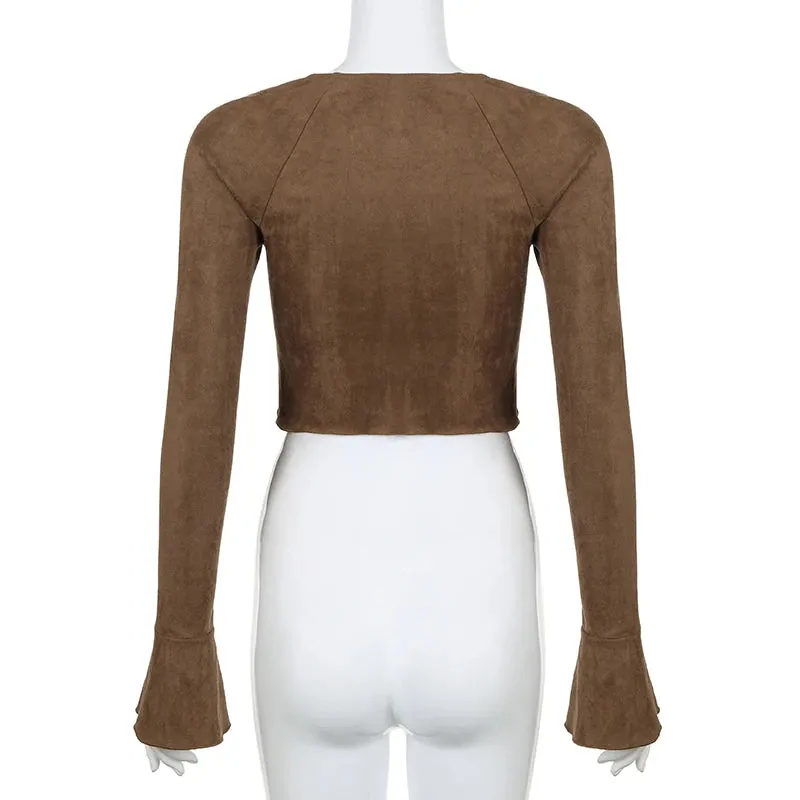 Brown Fairycore French Chic Sexy Party Tee Shirt Slim Lace Spliced Vintage Y2K Top Flare Sleeve Autumn T-shirt Women