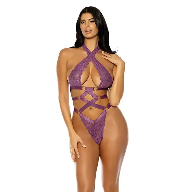 Camille Lace Halter Teddy with Lace Up Details - Purple