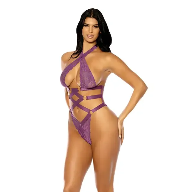 Camille Lace Halter Teddy with Lace Up Details - Purple