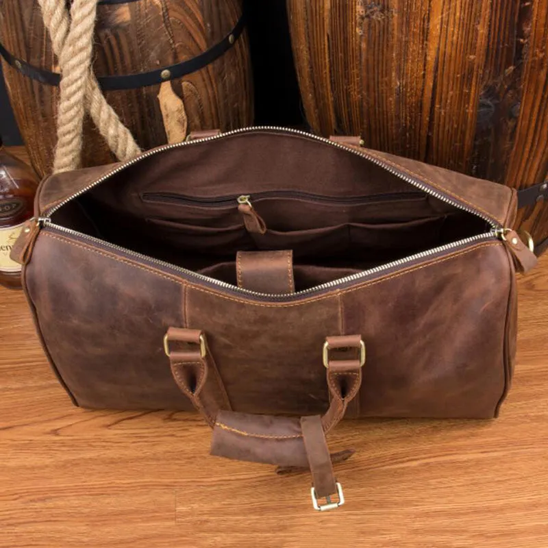 Crazy Horse Leather Travel Bag Men Duffel Bag Retro Overnight Bag Weekender Bag
