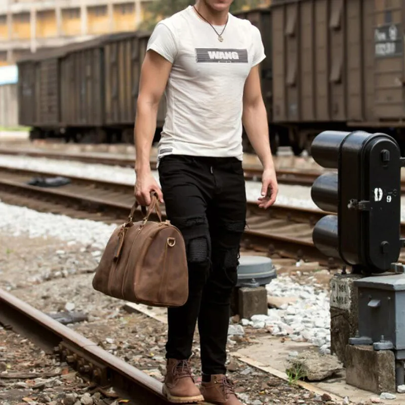Crazy Horse Leather Travel Bag Men Duffel Bag Retro Overnight Bag Weekender Bag