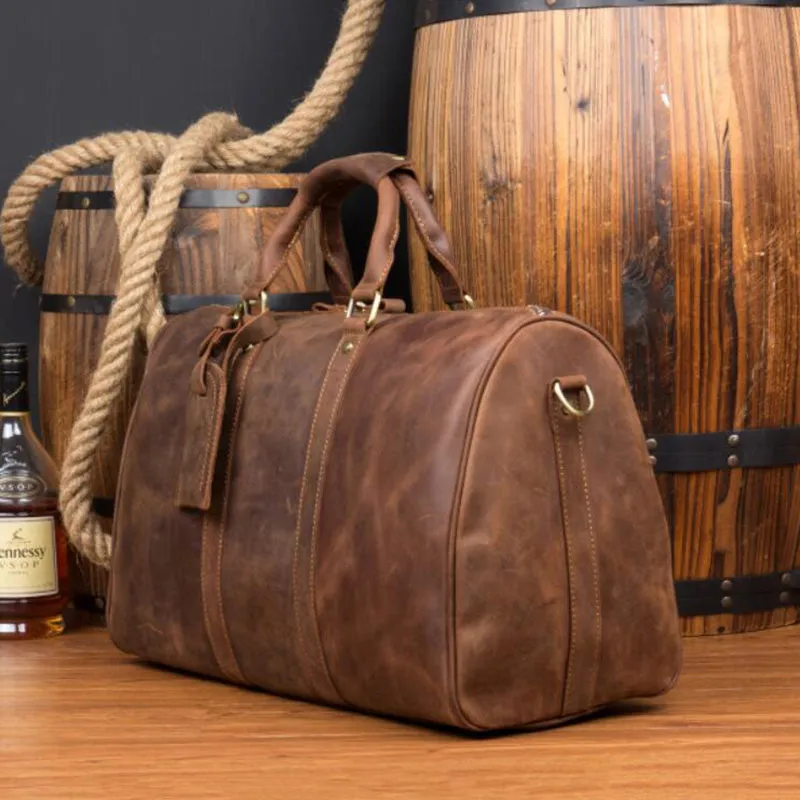 Crazy Horse Leather Travel Bag Men Duffel Bag Retro Overnight Bag Weekender Bag