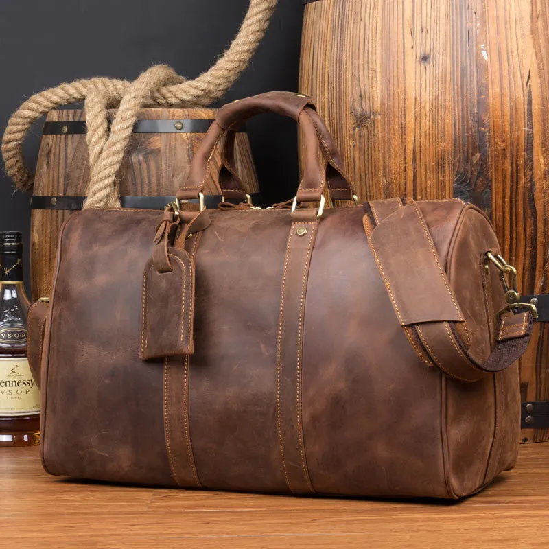 Crazy Horse Leather Travel Bag Men Duffel Bag Retro Overnight Bag Weekender Bag