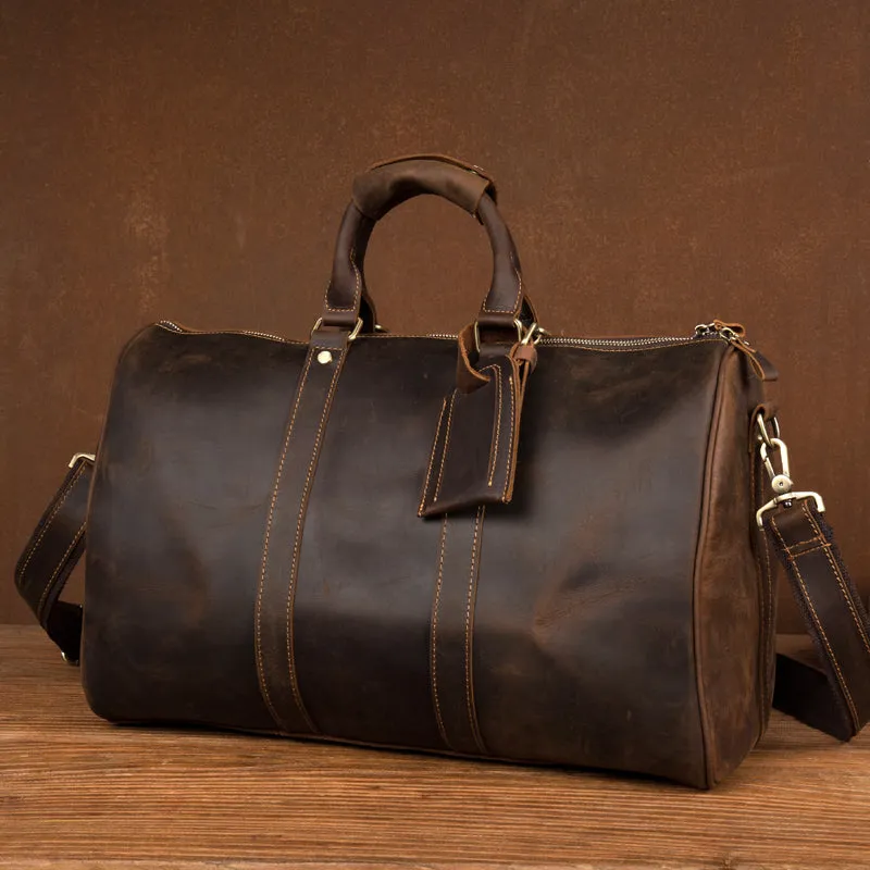 Crazy Horse Leather Travel Bag Men Duffel Bag Retro Overnight Bag Weekender Bag