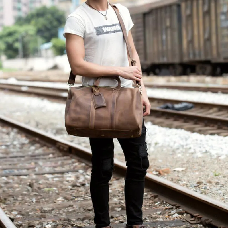 Crazy Horse Leather Travel Bag Men Duffel Bag Retro Overnight Bag Weekender Bag