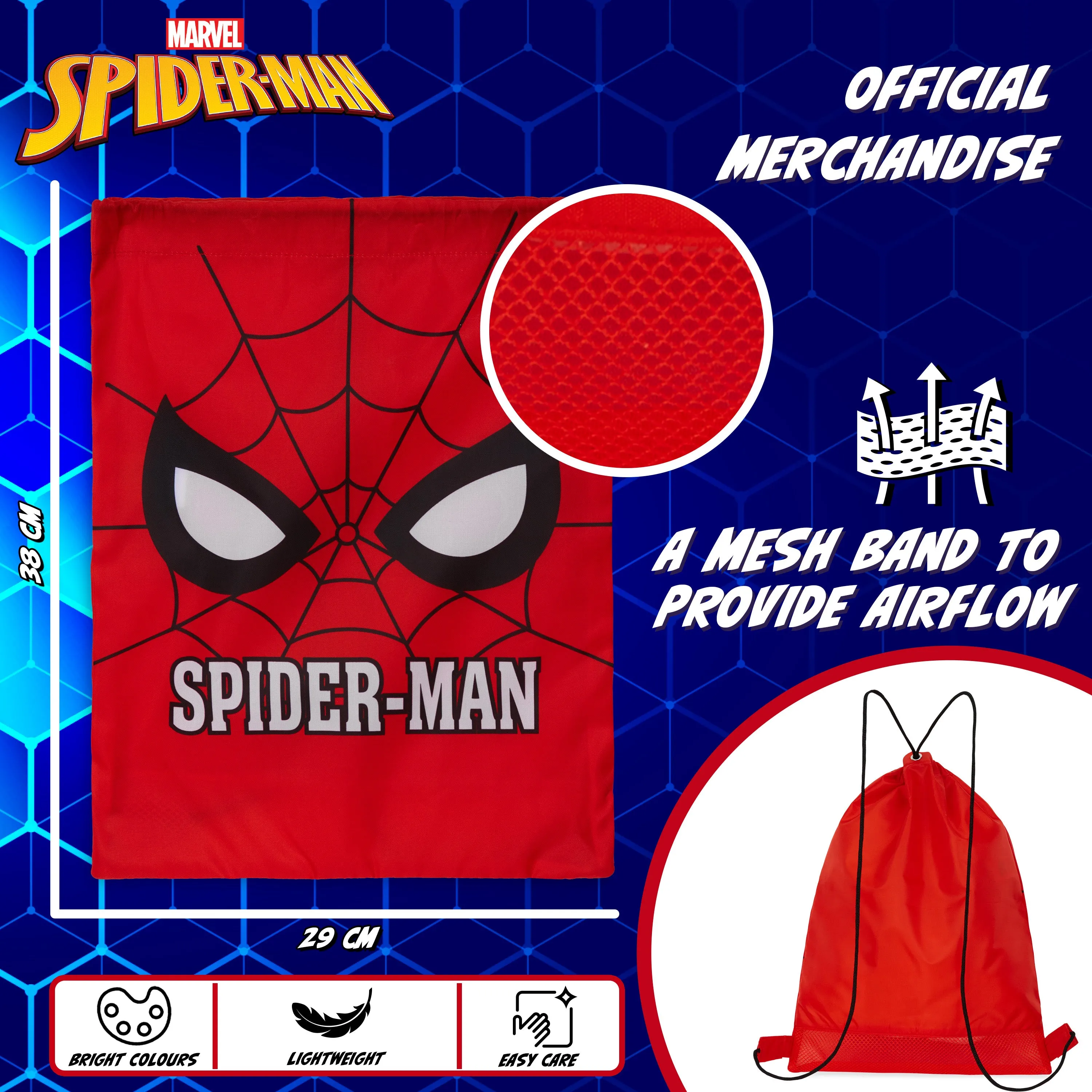 Disney Kids Drawstring Bags, 29 x 38cm Swimming Bag with Airflow Vent - Spiderman