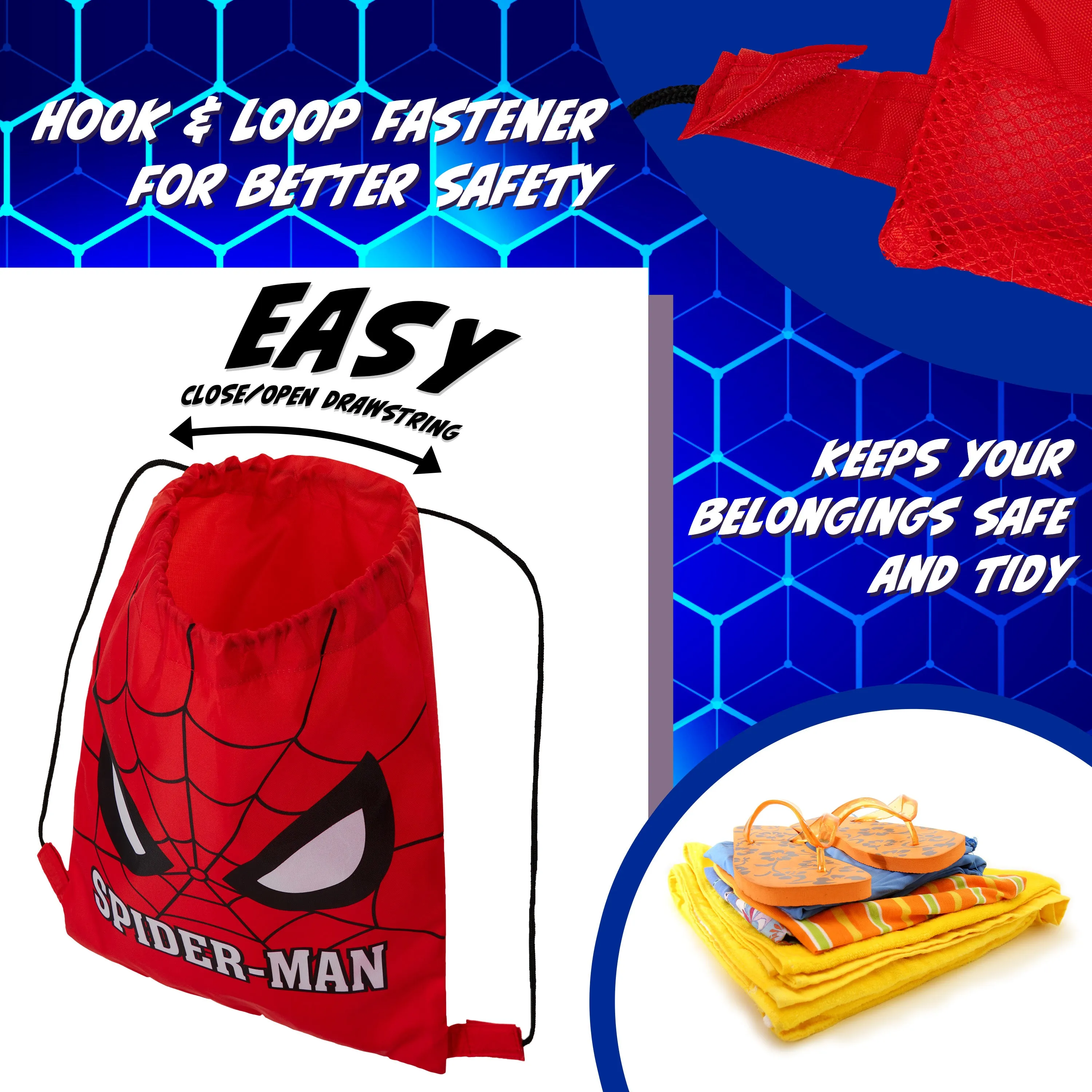 Disney Kids Drawstring Bags, 29 x 38cm Swimming Bag with Airflow Vent - Spiderman