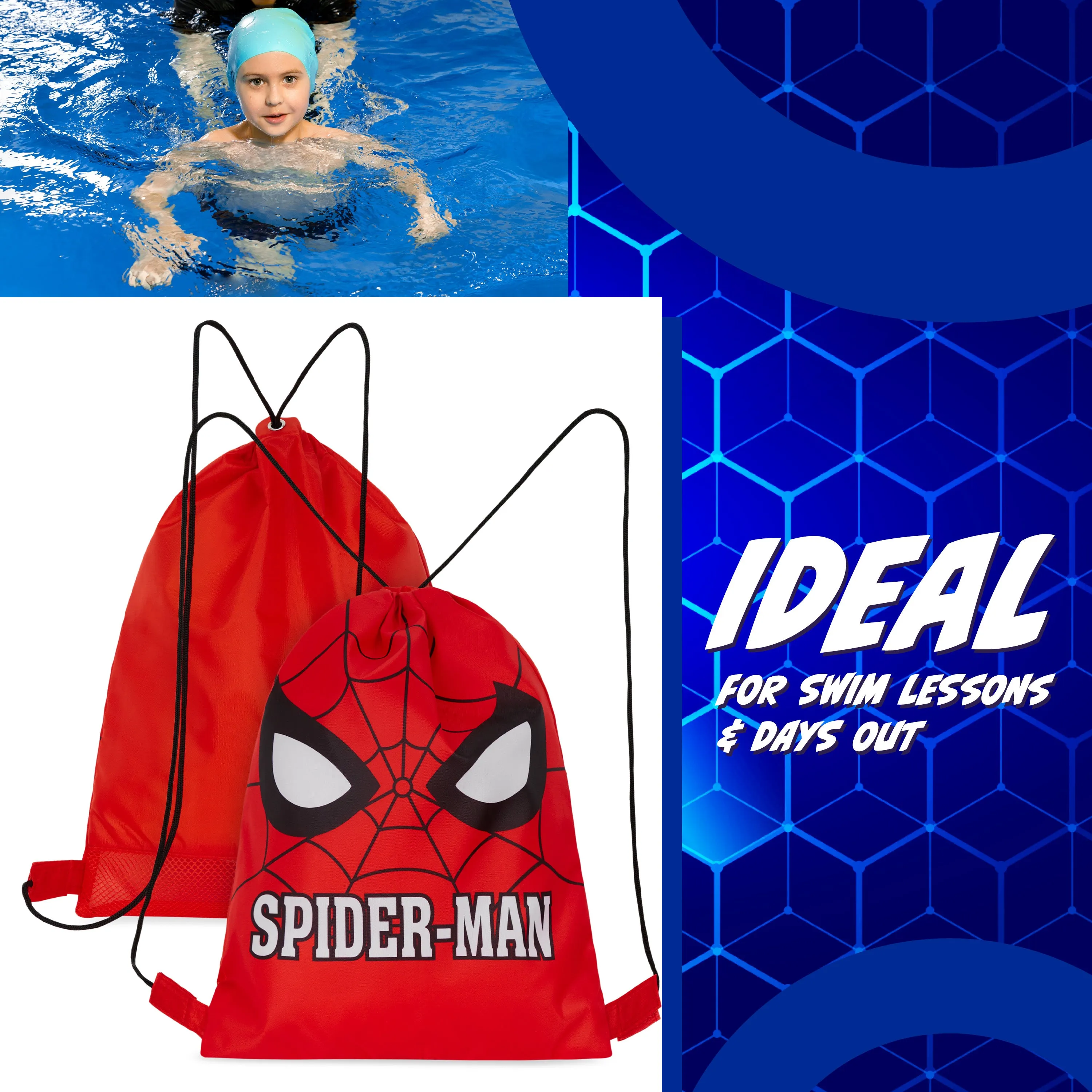 Disney Kids Drawstring Bags, 29 x 38cm Swimming Bag with Airflow Vent - Spiderman