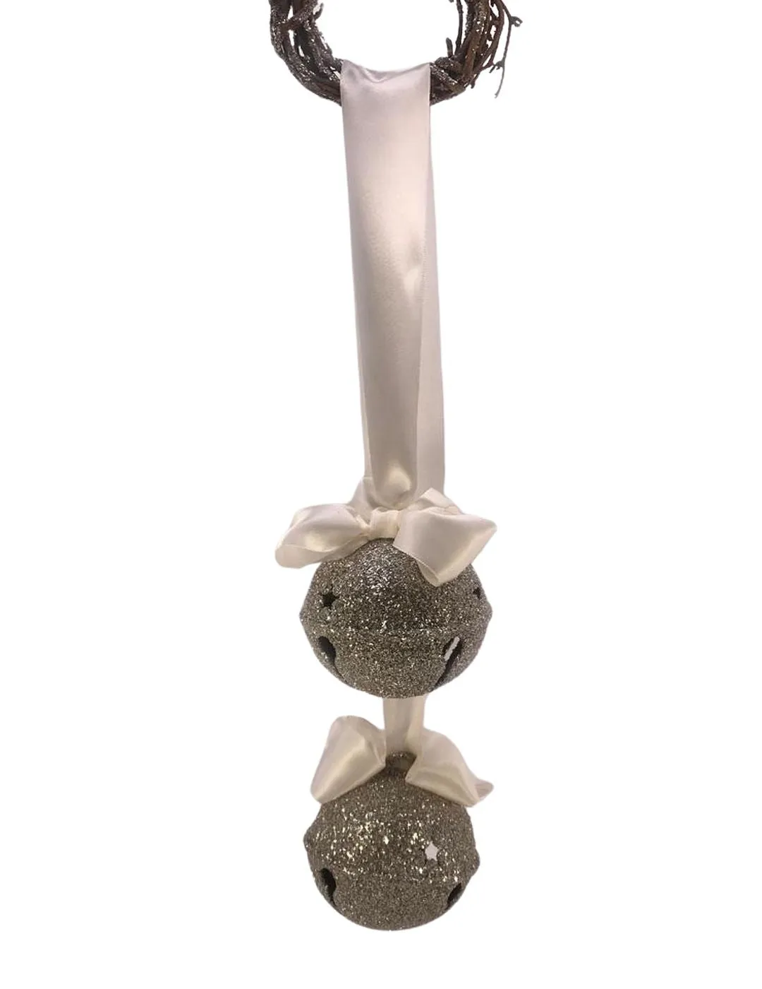 Double Hanging Jingle Bells - Silver, Cream Ribbon