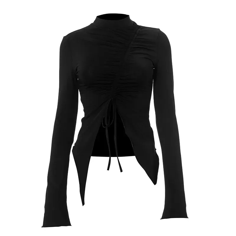 Drawstring Asymmetrical Long Sleeve Top Autumn 2024 Fashion Sexy Black T Shirts for Woman Clothing P85-BE18