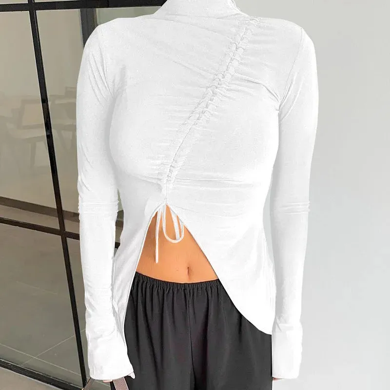 Drawstring Asymmetrical Long Sleeve Top Autumn 2024 Fashion Sexy Black T Shirts for Woman Clothing P85-BE18