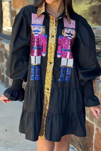Full Size Nutcracker Sequin Lantern Sleeve Tiered Dress