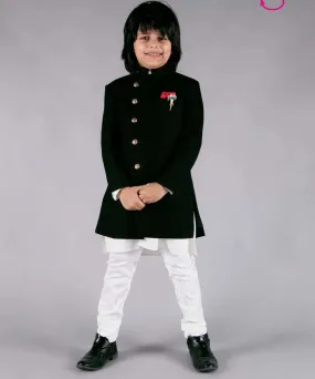 Jade Black Achkan with White Churidar Pajama for Weddings for Boys