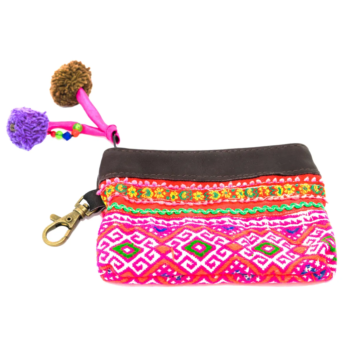 Leather Vintage Upcycled Hmong Textile Coin Purse - Thailand