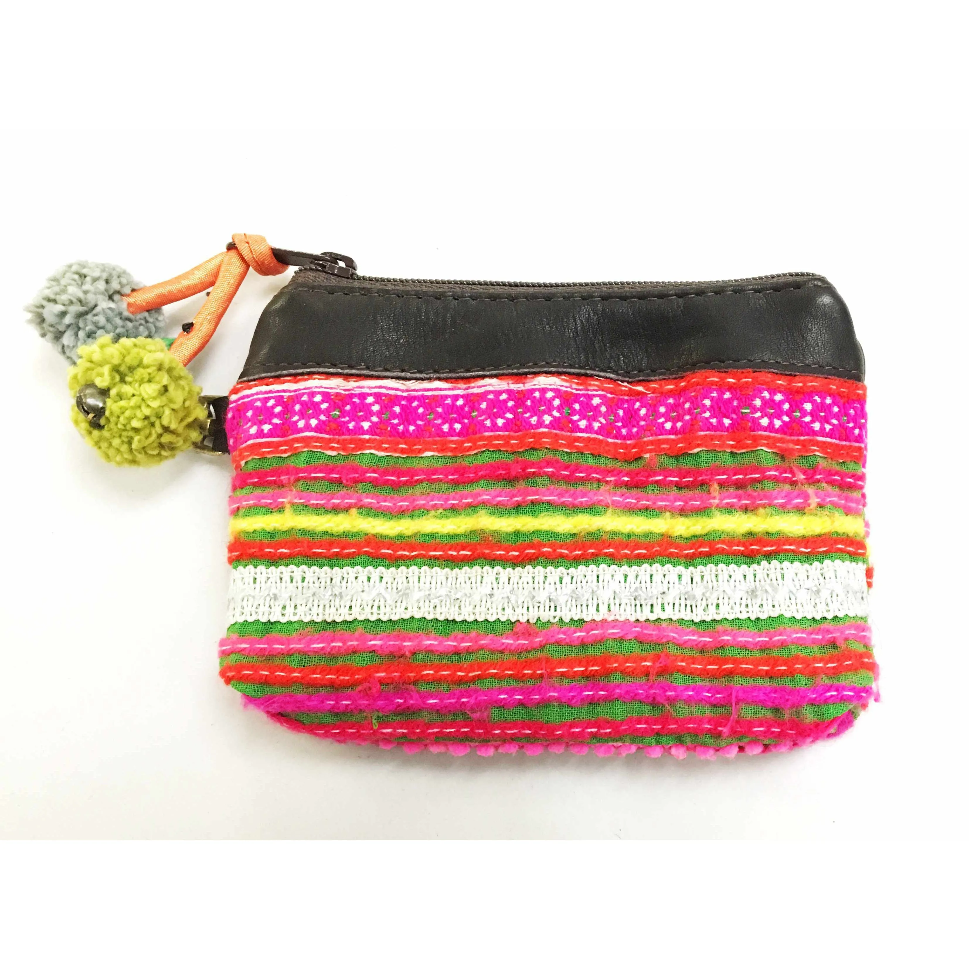 Leather Vintage Upcycled Hmong Textile Coin Purse - Thailand