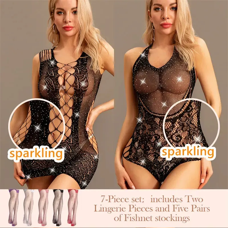 "Sparkling Rhinestone Fishnet Teddy - Seductive Women's Bodysuit"