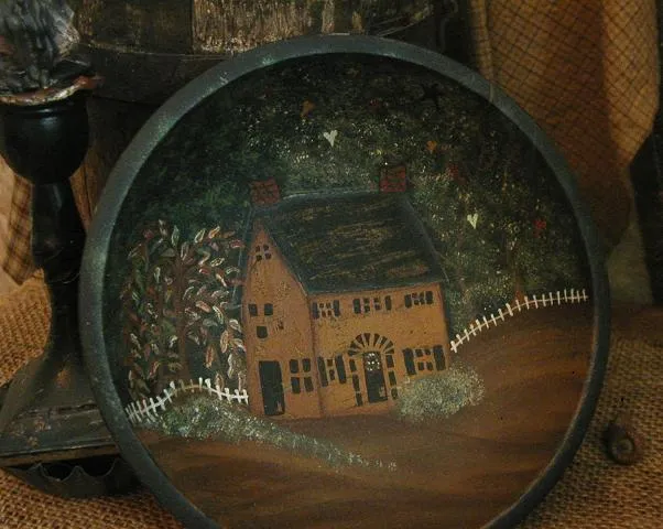 Saltbox Hand Painted Bowl Primitive Autumn Fall Theme