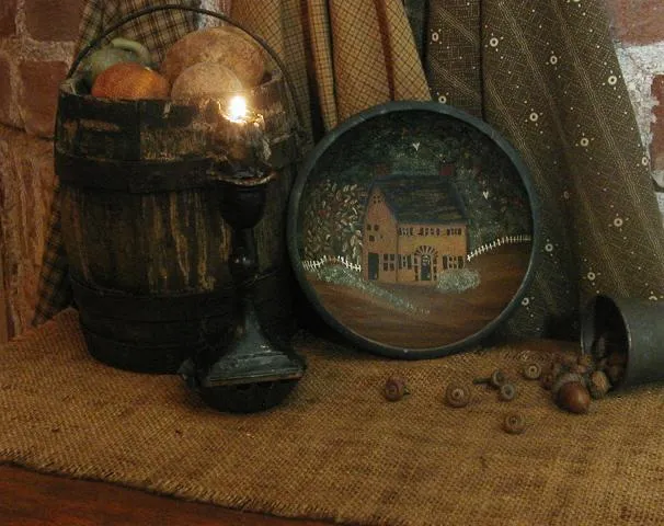 Saltbox Hand Painted Bowl Primitive Autumn Fall Theme