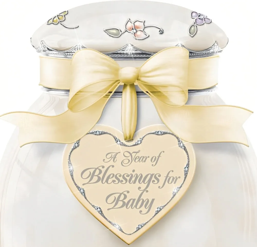The Bradford Exchange "A Year of Blessings" Blessings For Baby Jar Porcelain Musical Wish Jar with 88 Brilliant Jewels and 365 Wish Cards 7.25-inches
