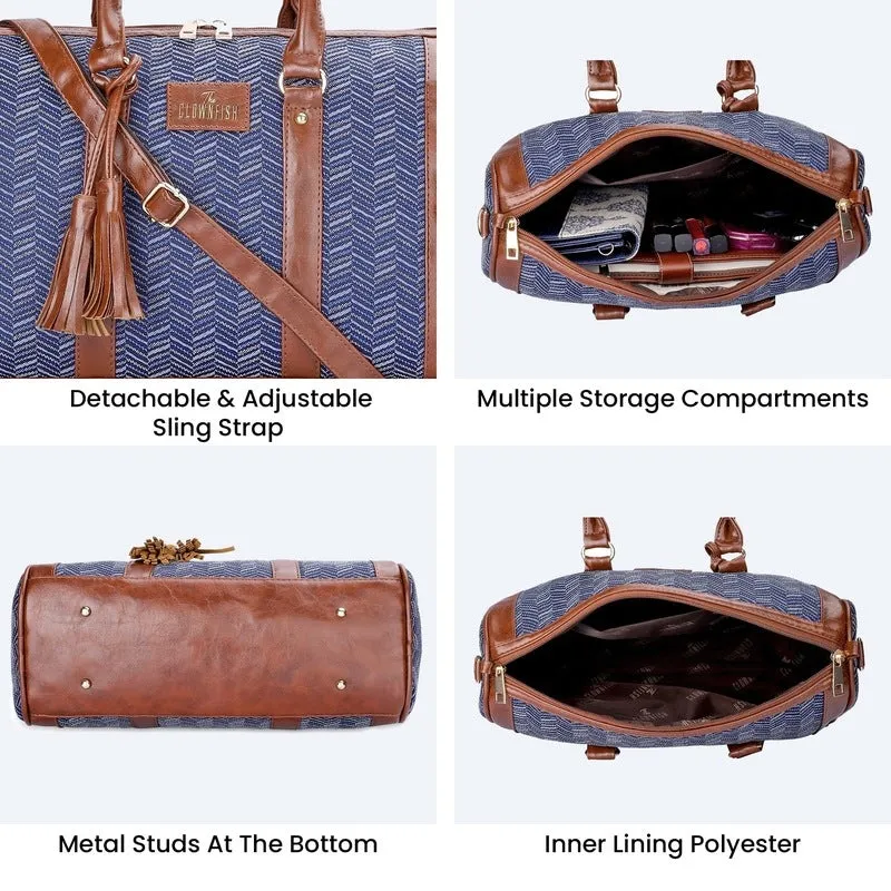 THE CLOWNFISH Lorna Tapestry Fabric & Faux Leather Handbag Sling Bag for Women Office Bag Ladies Shoulder Bag Tote For Women College Girls (Blue-Stripes)