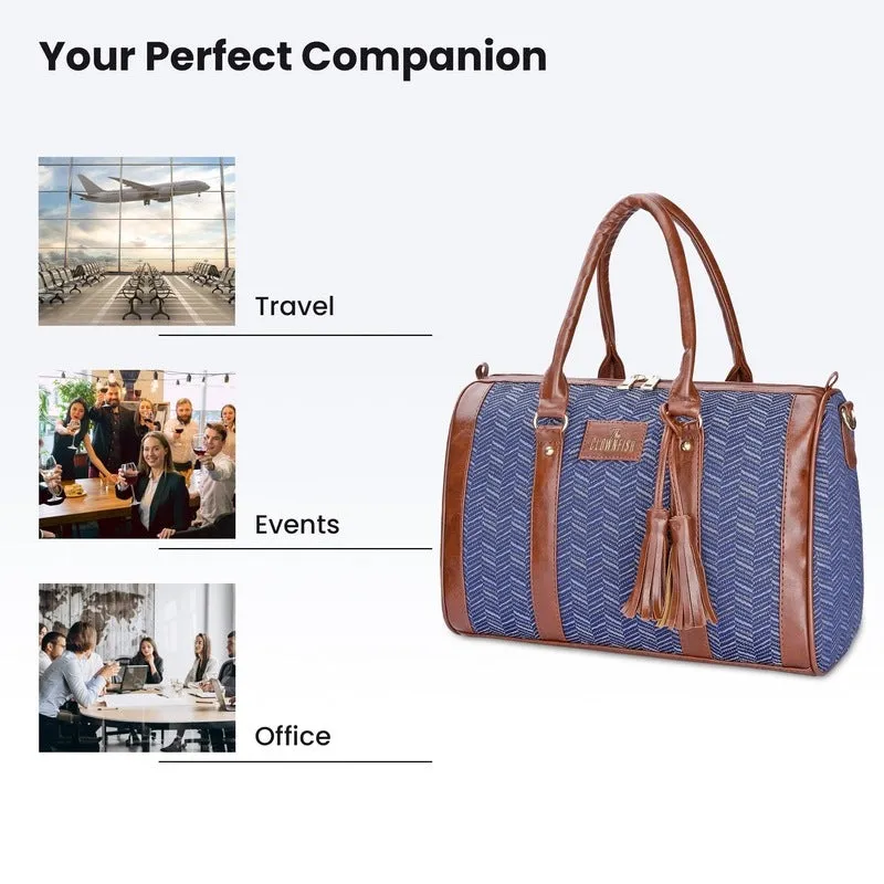 THE CLOWNFISH Lorna Tapestry Fabric & Faux Leather Handbag Sling Bag for Women Office Bag Ladies Shoulder Bag Tote For Women College Girls (Blue-Stripes)