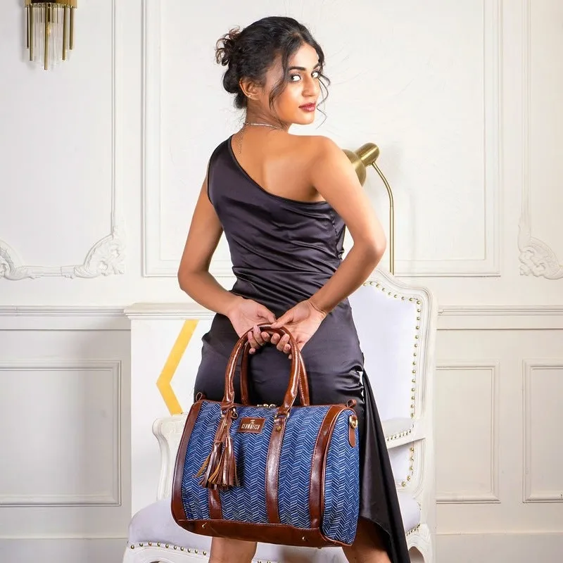 THE CLOWNFISH Lorna Tapestry Fabric & Faux Leather Handbag Sling Bag for Women Office Bag Ladies Shoulder Bag Tote For Women College Girls (Blue-Stripes)