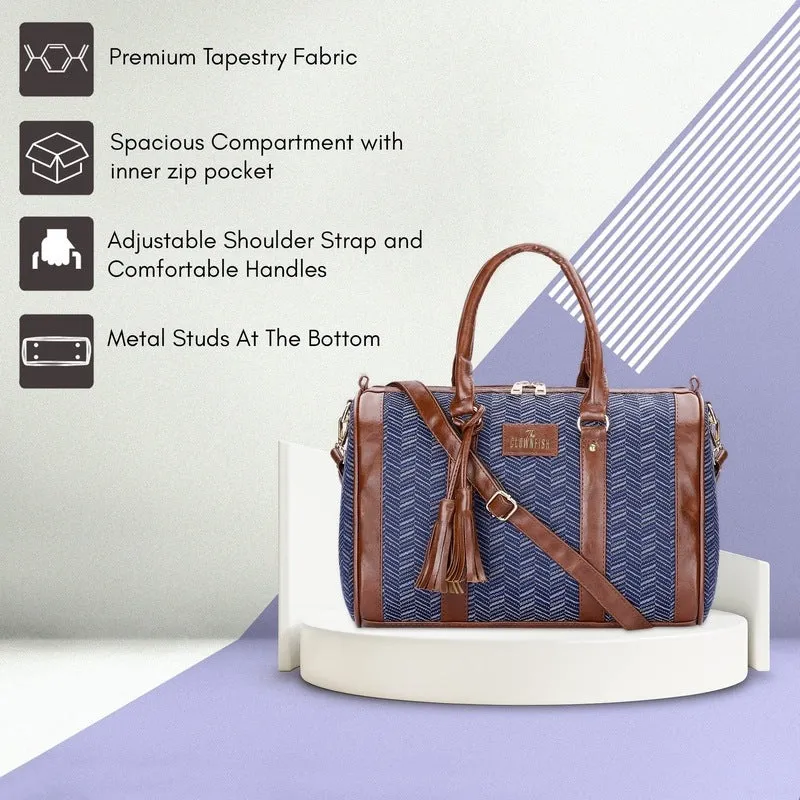 THE CLOWNFISH Lorna Tapestry Fabric & Faux Leather Handbag Sling Bag for Women Office Bag Ladies Shoulder Bag Tote For Women College Girls (Blue-Stripes)