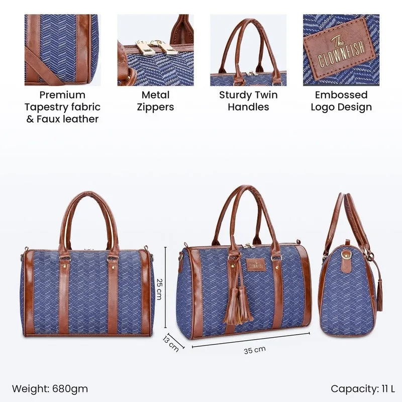 THE CLOWNFISH Lorna Tapestry Fabric & Faux Leather Handbag Sling Bag for Women Office Bag Ladies Shoulder Bag Tote For Women College Girls (Blue-Stripes)