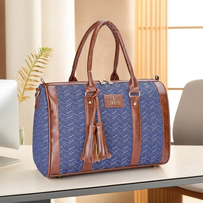 THE CLOWNFISH Lorna Tapestry Fabric & Faux Leather Handbag Sling Bag for Women Office Bag Ladies Shoulder Bag Tote For Women College Girls (Blue-Stripes)