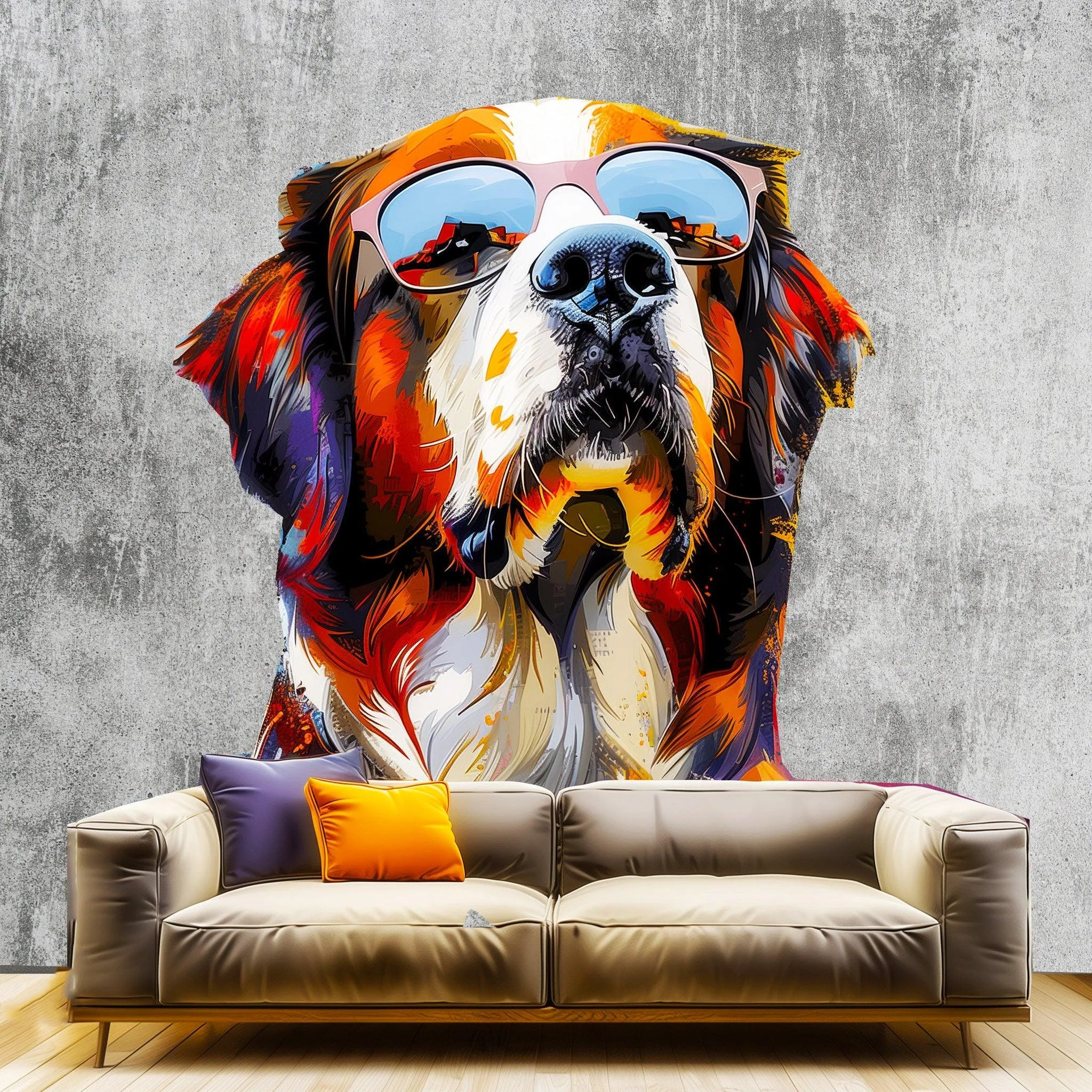 Thoughtful St. Bernard in Glasses Wall Decal - Dreamy Watercolor Bernese Mountain Dog Imagining Art Sticker