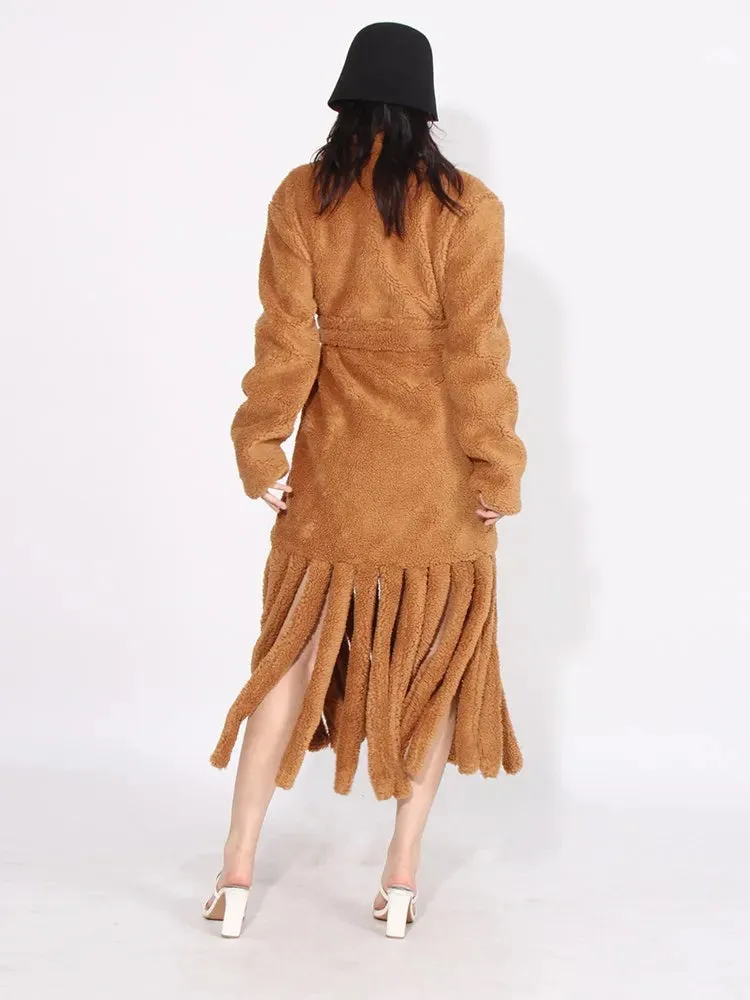 Women's Long Teddy Bear Coat with Tassels